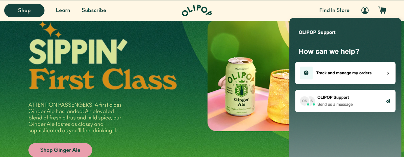 Customer support and live chat options from Olipop