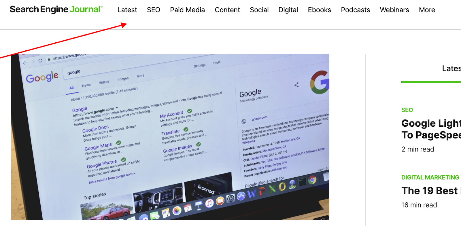 Example of a desktop menu