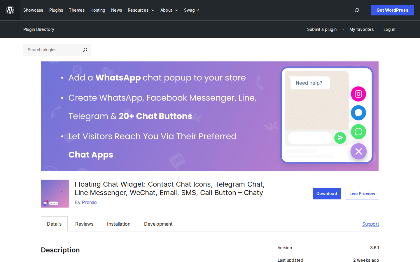 صفحة إضافة Chaty WordPress التي تصف أداة اتصال متعددة القنوات لزوار الموقع الإلكتروني