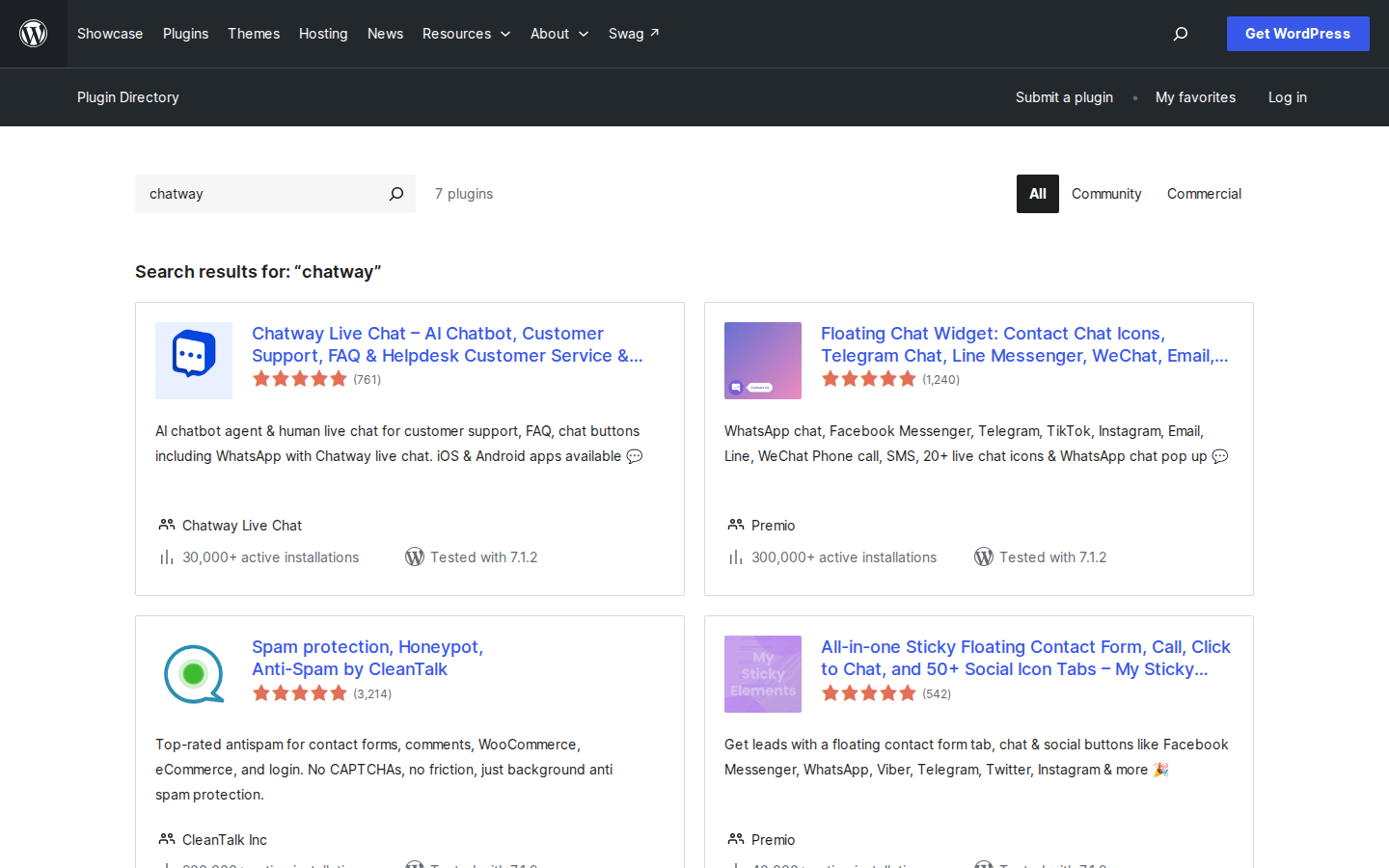 Chatway WordPress plugin page showing live chat and AI-assisted customer support features