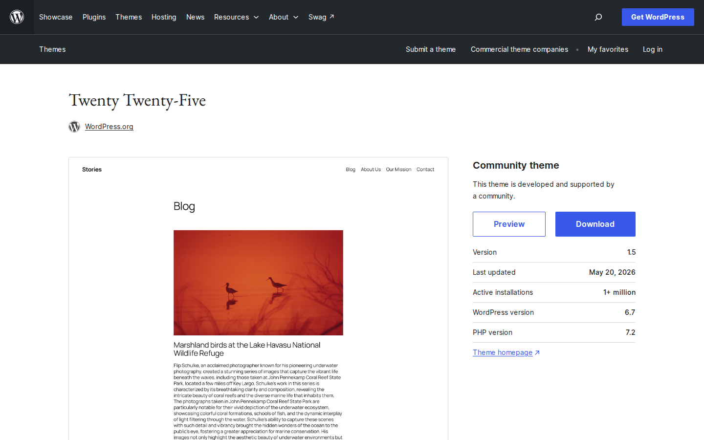 Julkinen WordPress.org-sivu Twenty Twenty-Five -teemalle, joka näyttää sen lohkopohjaisen suunnittelun ja teeman yksityiskohdat.