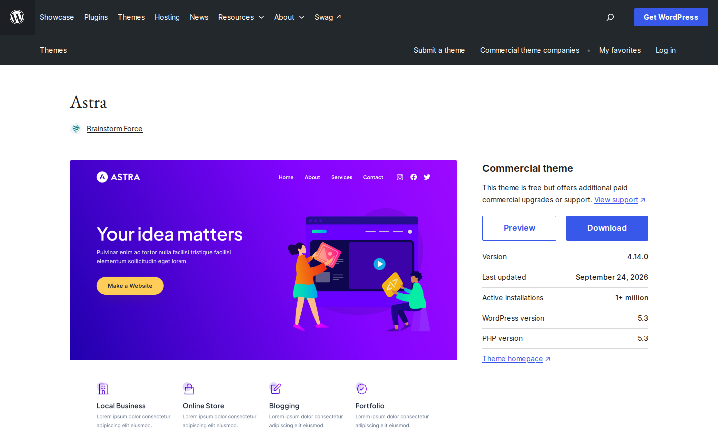 Public WordPress.org page for the Astra theme showing its blog-focused features and theme information.